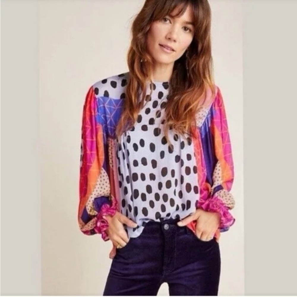 Anthropologie BInk London Miranda Peasant Blouse Rare Iris Blue Print